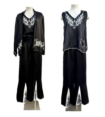 1920s 30s Silk Satin Lounge Beach Pajama Set Antique Clothes Embroidered Dragons - Image 1 of 4