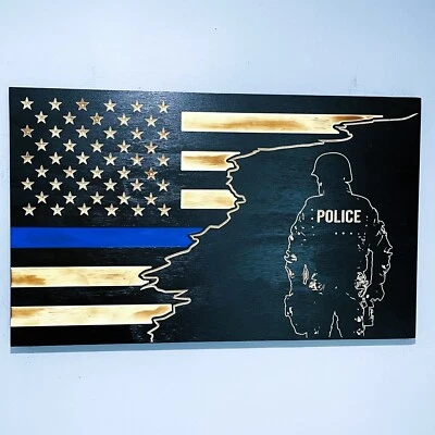 Handmade Thin Blue Line Wood Flag USA 14x24 Engraved Police Officer LEO  - Image 1 of 4