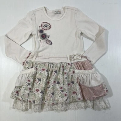 Naartjie Girls Cotton Blend White Lace Floral Print Pockets Long Sleeve Dress 6 - Image 1 of 4