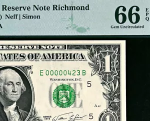 1974 $1 Richmond *Low Serial* 000000423 FRN • 1908-E EB Block • PMG 66 EPQ - Picture 1 of 3
