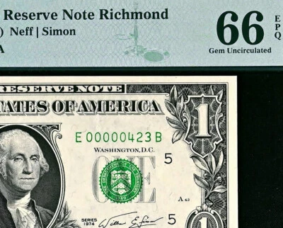 1974 $1 Richmond *Low Serial* 000000423 FRN • 1908-E EB Block • PMG 66 EPQ - Image 1 of 3
