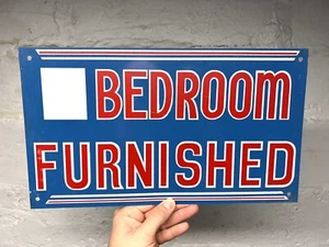 ✨VINTAGE 1950s ADVERTISING SIGN "BEDROOM FURNISHED” ROOMS FOR RENT GAS OIL 14x8✨ - Picture 1 of 4
