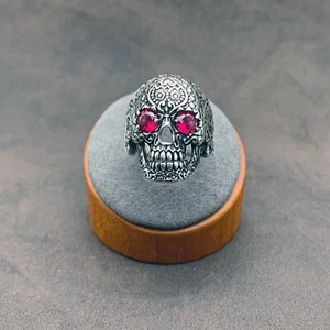 925 Sterling Silver Floral Skull Men's Ring. Biker Gothic Ring. Calavera Ring. - Picture 1 of 5
