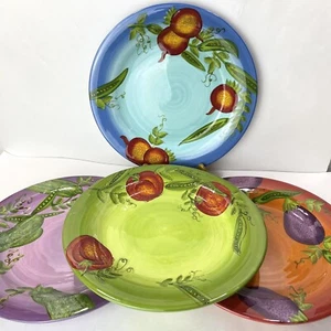 Set 4 bunte Garten Laurie Gates Speiseteller 12" Gemüse Aubergine Bohnen - Bild 1 von 9