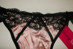 Bnwt La Senza Georgia Thong 10 12 16 18 Peach Pink Silk Black Lace - Picture 1 of 4