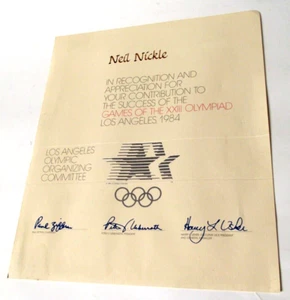 RARE Used 1984 XXIII Olympics Contribution Certificate for Neil Nickle NASA Sci - Picture 1 of 2