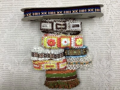 Vtg Lot 70s Sewing Trims 25 Yds Embroidered Woven Boho Mod Hippie Folk Flower - Image 1 of 4
