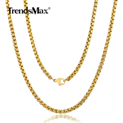 Collar de cadena de caja redonda de acero inoxidable chapado en oro de 3 mm de 24" Foto 1 de 4