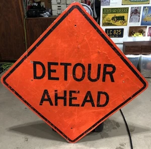 Vintage Detour Ahead Orange Reflective Metal Road Work Sign 49” Genuine - Picture 1 of 9