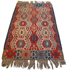 Vintage Southwestern Turkish Red & Blue Wool Flat Weave Kilim Rug Carpet 3' x 5’ - Picture 1 of 11