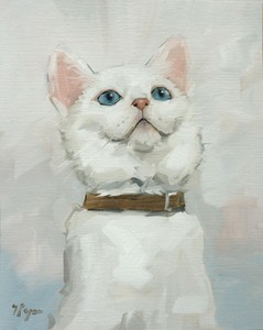 Original art - Oil painting of a white cat - portrait by UK artist j payne