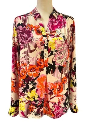 Blusa Dana Buchman XL Fluida Floral Cuello en V Vibrante Suave Declaración Top Casa de Campo Foto 1 de 4