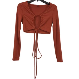 SHEIN Orange Ribbed Ruched Long Sleeve Crop Top Women’s Sz - Medium - Picture 1 of 5