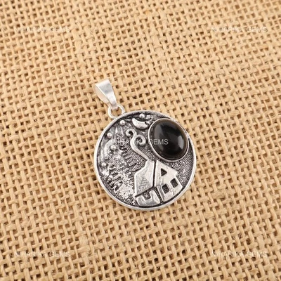 Argento Sterling Ovale Nera Naturale Tormalina Mamma Fatto a Mano Nuovo Anno - Immagine 1 di 4
