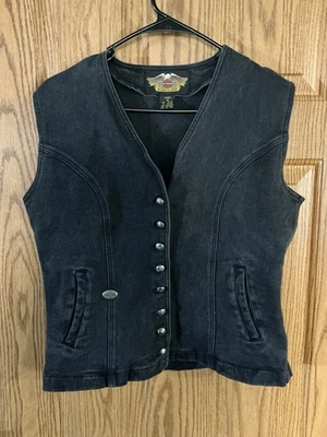 Harley Davidson Women Size Medium Black Denim Vest Vintage 90s Made In Hong Kong - Image 1 of 4