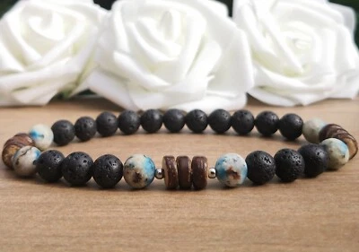 Frosted K2 Jasper Stone And Black Lava Rock Beaded Stretchy Stacking Bracelet Foto 1 de 4