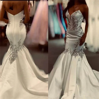 Sexy Satin Mermaid Wedding Dresses Beaded Strapless V Neck Backless Bridal Gowns - Image 1 of 4