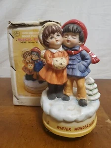 Bisque Winter Wonderland Musical Figurine Hand Painted Porcelain Original Box - Picture 1 of 5