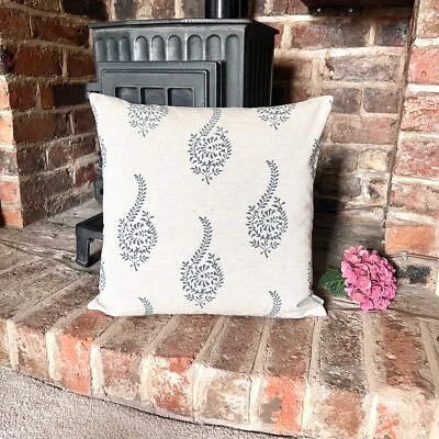 1316. Blue HUMBER LINEN LOOK Block print 100% Cotton Cushion Cover - Image 1 of 4