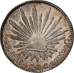Mexico Silver 2 Reales 1847 Mo-RC NGC AU58 Near Mint State, Nicely Toned Minor! - Picture 1 of 4