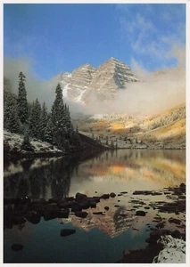 Maroon Bells Mountains Aspen Lake Reflection Blue Sky CO Vintage Postcard - Picture 1 of 2