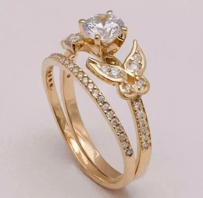 Anillo redondo enchapado en oro amarillo de 14K conjunto nupcial de 1 quilate de boda moissanita certificado Foto 1 de 4