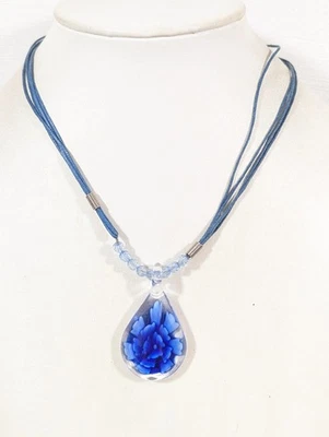 Blue Flower Blown Glass Necklace Festival Boho 19 in Cord - Image 1 of 4