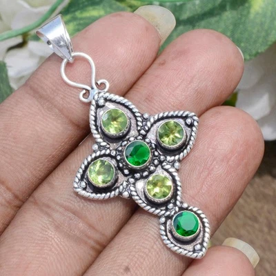 Green Peridot Cut Diopside Gemstone Cross 925 Sterling Silver Fashion Pendant - Image 1 of 4