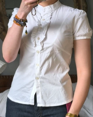 Vintage White Fitted Cotton Frill Ruffle Blouse Shirt 10 Steampunk Victorian  - Image 1 of 4