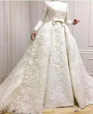 Muslim Wedding Dresses Long Sleeves Lace Appliqued Beaded Bridal Gowns - Image 1 of 4