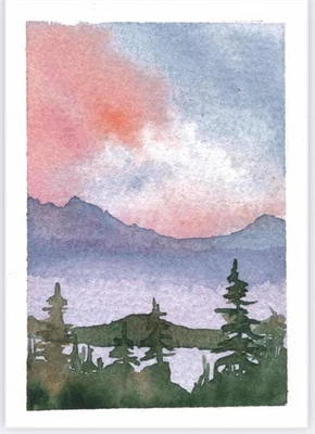 Tarjeta de arte original ACEO pintura acuarela naturaleza árboles atardecer 2,5 X 3,5 Foto 1 de 2