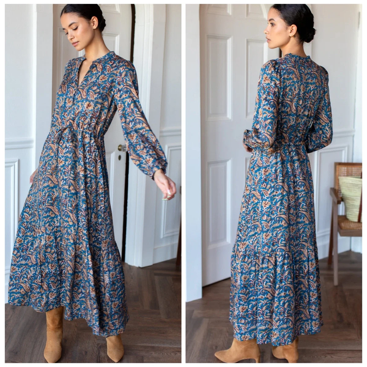 Women's Boho Floral Maxi Dress - Long Sleeve V-Neck A-Line Swing Dress