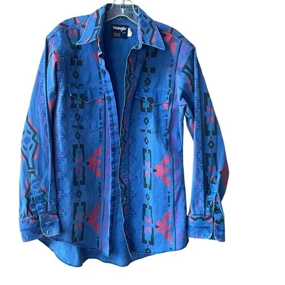 Vintage Wrangler Brushpopper Abotonado Azul Azteca Rayas Años 80 Vaquero Western 16 Foto 1 de 4