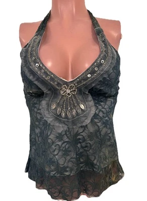 Y2K винтажный блестками с бретелью через шею Топ S OOAK фея серый гламурный выход погружения краситель - Изображение 1 из 4