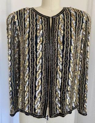 Винтажный SKC блестками бисер по всему Blazer шелковая куртка размер S черное золото серебро - Изображение 1 из 4