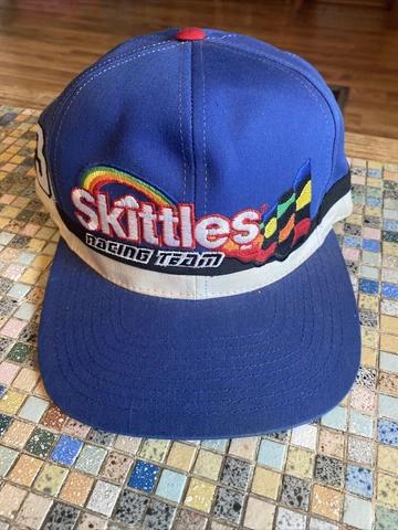 Vintage Skittles Racing Ernie Irvan 1998 Snapback Hat Checkered Flag Sports Blue Cover