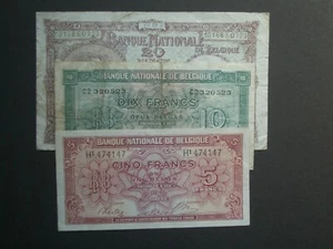 **3 Decent 5/10/20 Francs 1940's Scarce Belgium  Banknotes - Picture 1 of 12