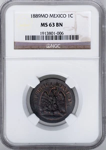 Mexico: Second Republic 1889 Mo 1 Centavo NGC MS-63 BN KM-391.6 - Picture 1 of 5