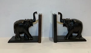 PAIR OF ANTIQUE CARVED EBONY ELEPHANT BOOKENDS - Picture 1 of 13