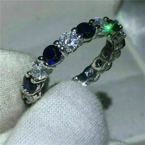 2Ct Simulated Sapphire Full Eternity 14K White Gold Plated Silver Wedding Ring - Picture 1 of 6