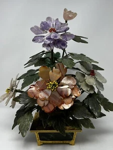 MID CENTURY CARVED JADE AGATE BONSAI FLOWER TREE 14.5”x 12”x 9” Beautiful!! - Picture 1 of 12