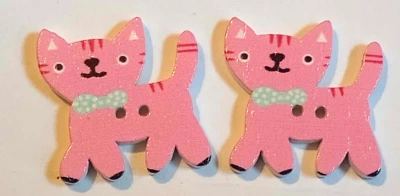 2 Pink Cat Kitten Sewing Buttons Crafting Wood 2 Hole 7/8"  - Image 1 of 2