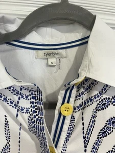 TYLER BOE Collared Shirt Dress, White, Crab Pattern, Stretch Cotton, Small - Picture 1 of 10