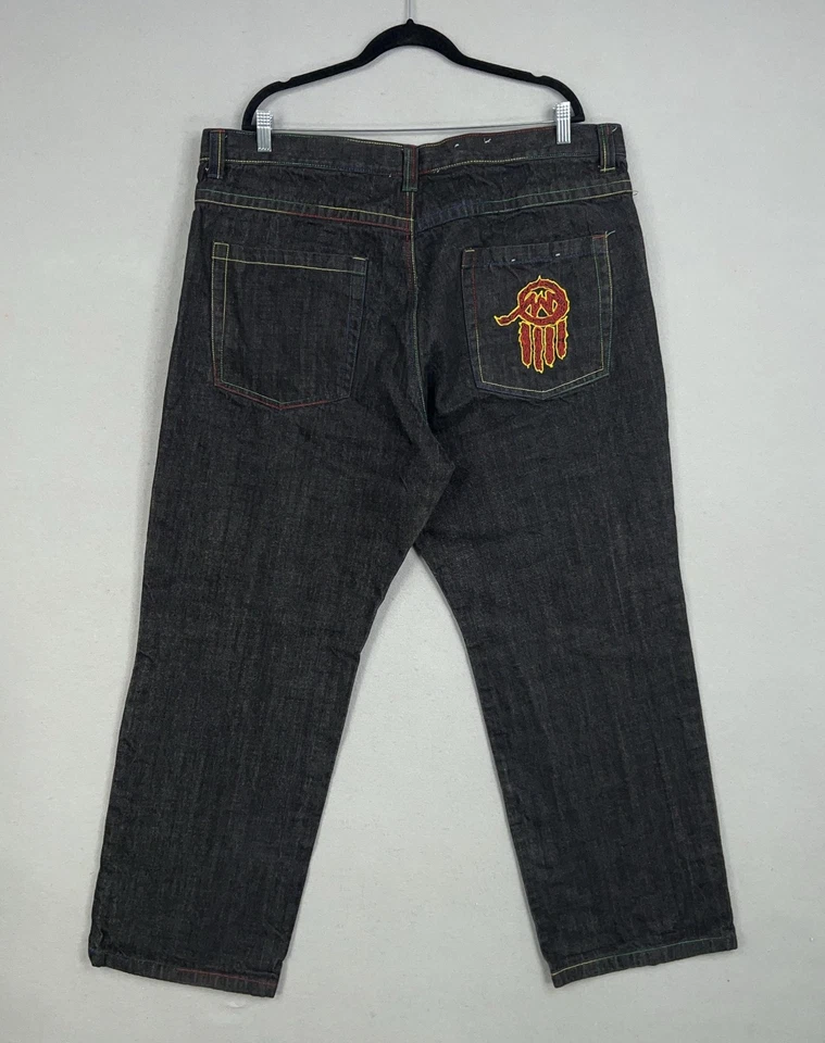 Miskeen Jeans Mens 42 Baggy Fit Rainbow Stitch Embroidered Pocket Punk Denim Y2K - Image 1 of 4
