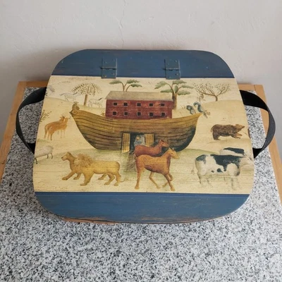 VTG Woven Wood Decoupage Noah's Ark Lid w/Handles Hinge Top Home Décor Basket - Image 1 of 4