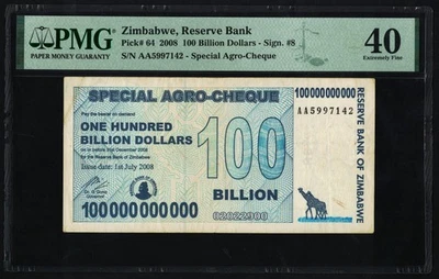 Zimbabwe 100 Billion Dollars AA 2008 Special Agro Cheque PMG Certified Banknote - Image 1 of 4