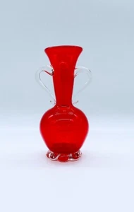 Vintage MCM Hand Blown 7-1/4" Orange Amberina Red Art Glass Vase Applied Handles - Picture 1 of 8
