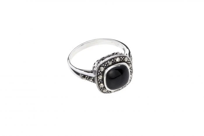 Da Donna Argento Sterling Marcasite E Onice Anello - Immagine 1 di 1