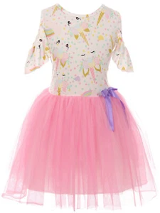 Little Girl Open Shoulder Unicorn Polka Floral Flower Tulle Tutu Skirt Dress - Picture 1 of 4