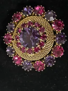 Vintage Weiss Fuschia & Purple Rhinestone Gold Mesh Pin - Picture 1 of 8